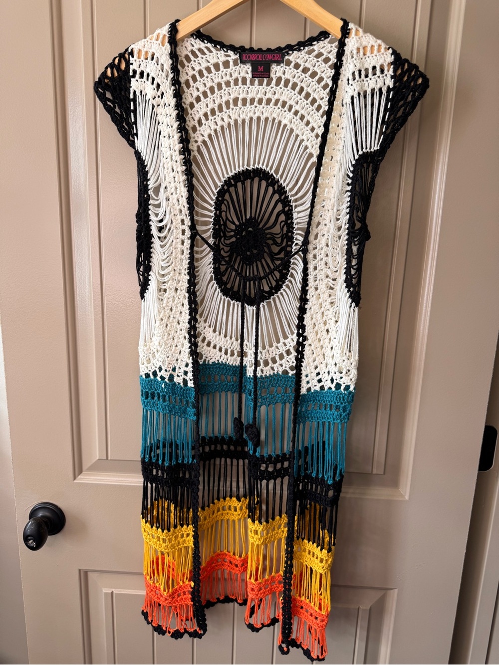 Rock & Roll Cowgirl Crochet Fringe Vest in Black, White, Teal, Yellow & Orange